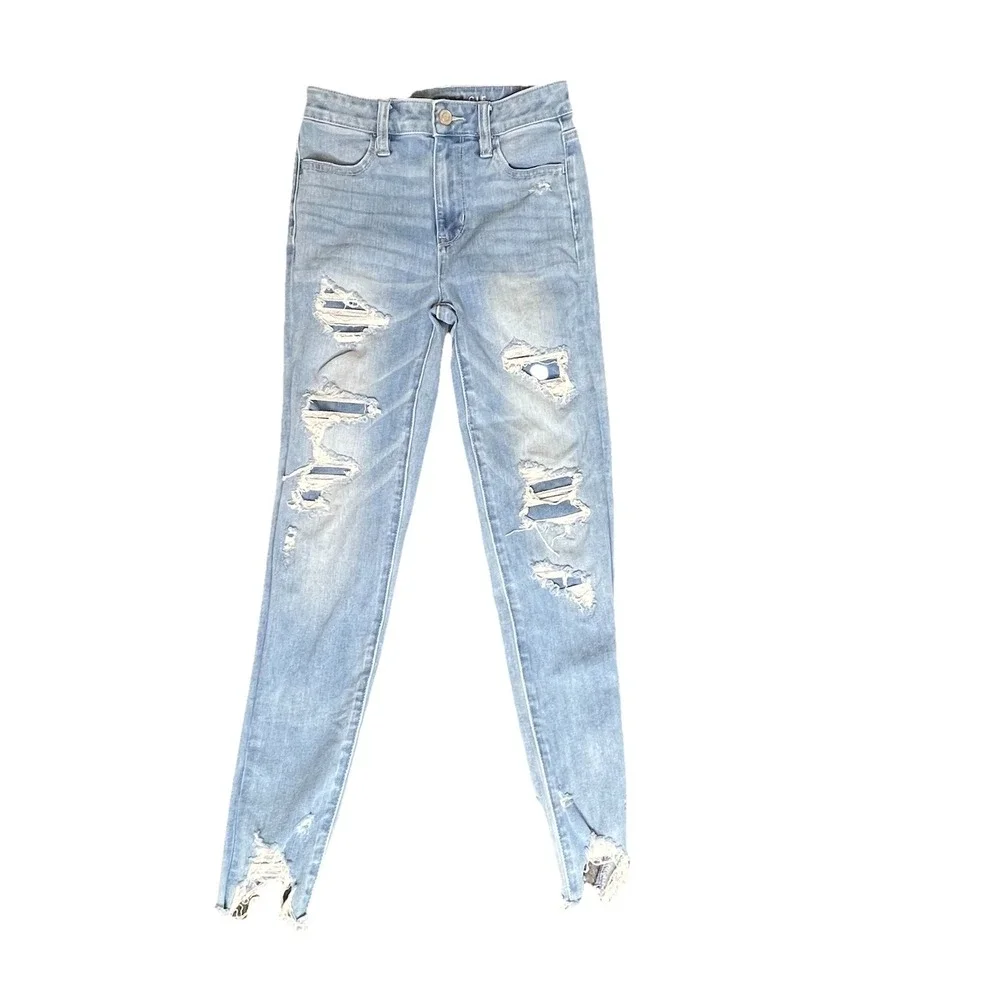 American Eagle Destroyed Next Level Stretch Hi Rise Jegging Sz 0 Short‎ Light